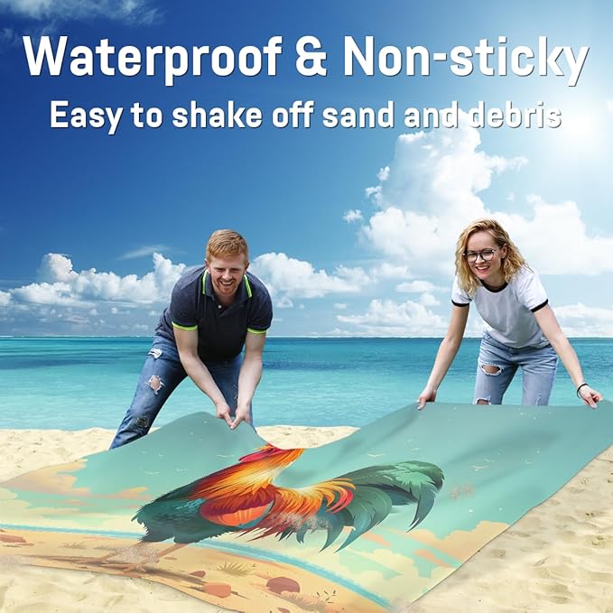 Waterproof Sandproof Beach Blanket 59''×68'' Animal Polyester Outdoor Picnic Blanket with 4 Stakes &amp Storage Bag for BeachCampingVacation Rooster