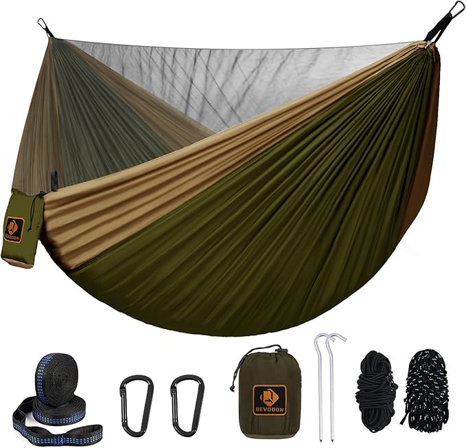 Camping Hammock Portable Hammocks with Mosquito NetLightweight Nylon Parachute Hammock with 10ft Tree StrapsCamping Gear Must Haves for Travel Hiking Backpacking Beach Patio-Green&ampKhaki