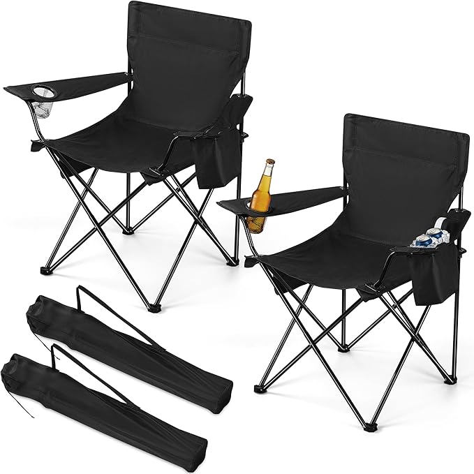 HaSteeL 2 Pack Camping Chair Large Folding Beach Chairs with Cooler Bag Cup Holder &amp Storage Pocket Portable for Outdoor Patio Picnic Lawn Hiking Fishing Travel Support 275 LBS (Black)