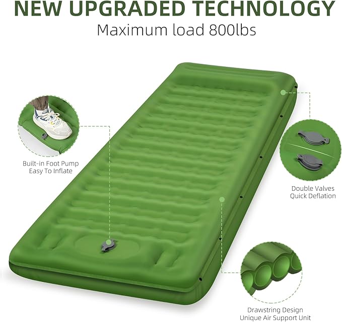 Camping Sleeping Pad Extra Thick 5 Inch Camping Mat with Pillow Built-in Foot Pump Inflatable Sleeping Pads Compact for Camping Backpacking Hiking Traveling Tent（Green）