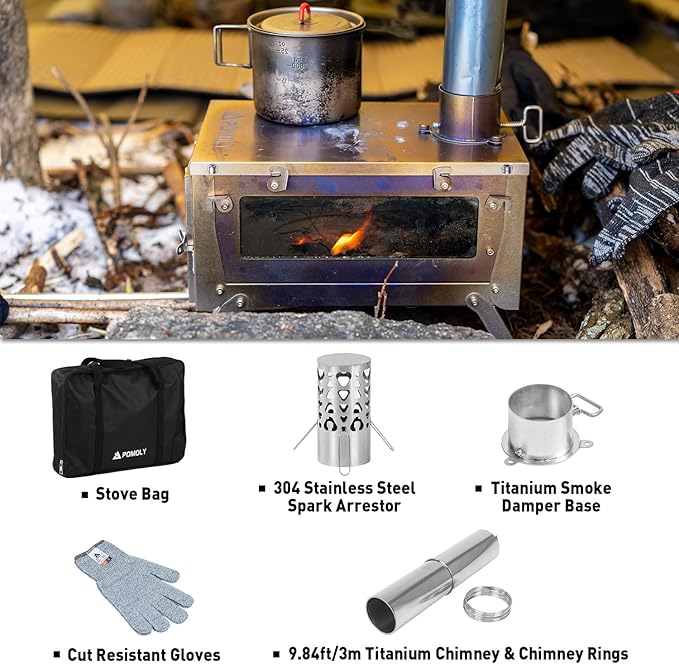 POMOLY Chalet 70 Pro Camping Hot Tent Cabin Tent and UltraFold 0.6 Portable Lightweight Titanium Stove