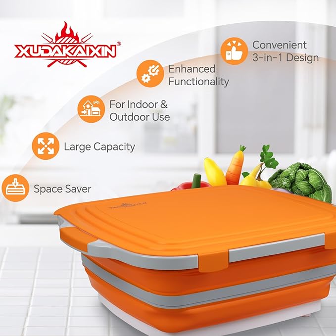 Collapsible BBQ Prep Tub for Meal Prep MarinatingFood Storage picnics camping barbecuescutting fruits and vegetables - Includes Cutting Board and Locking Lid(X-Large) Orange