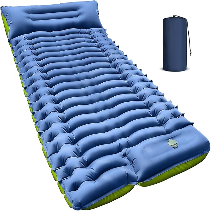 Camping Sleeping Pad Ultralight Inflatable Sleeping Mat with Built-in Foot Pump &amp Pillow Compact Air Mattress for Camping Backpacking Hiking Tent - Blue