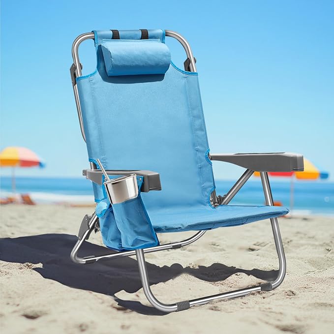 PASAMIC Backpack Beach Chair for Adults Portable Lay Flat Reclining Beach Chair with 5 Positions Tall Heavy Duty Folding Chairs with Cup Holder Cooler Pouch Storage Pouch Towel Bar Blue