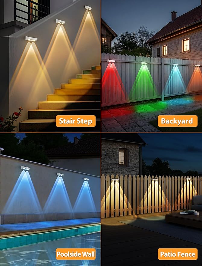 Solar Fence Lights 7 RGB Colors Warm White Cool White Bright Lens LED Dusk to Dawn Deck Light Fence Solar Lights Outdoor Waterproof for Backyard/Railing/Wall/Step/Patio/Pool (16 Pack White Shell)