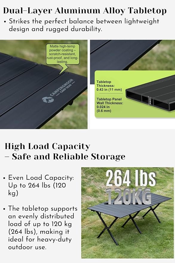 CAMPINGMOON Large Roll-Up Table L 63'' x W 31.5'' x H 24'' Aluminum Folding Portable Camping Outdoor Track Style Design Table BKT-160