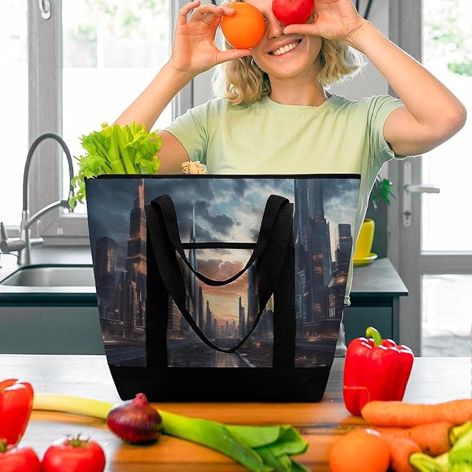 Insulated Shopping BagLarge Reusable Cooler Bags City Scape Printed Foldable Shopping BagTravel Waterproof Shoulder Bag