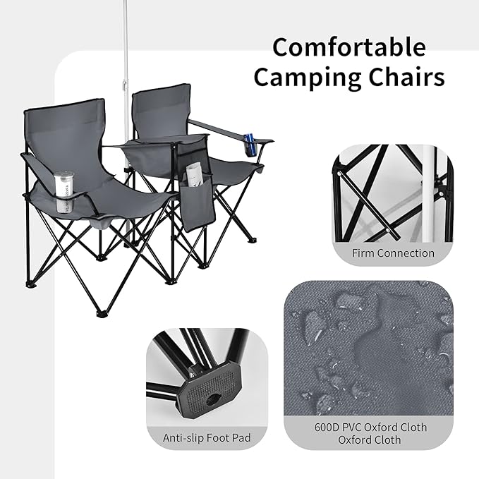 Goplus Double Camping Chair with Umbrella Folding Loveseat Chairs w/Canopy Shade Carrying Bag Table Cup Holder Portable Beach Chairs Outdoor Picnic Patio (Grey)
