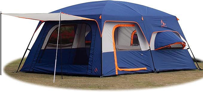 KTT Extra Large Tent 10-12-14 Person(A)Family Cabin Tents2 Rooms3 Doors and 3 Windows with MeshStraight WallWaterproofDouble LayerBig Tent for OutdoorPicnicCampingFamily Gathering