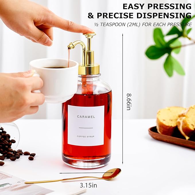Coffee Syrup Dispenser for Bar Glass Syrup Bottle with Pump Coffee Pump Dispenser Bottle with Tray Spoon for Station16.9 oz 500 ml