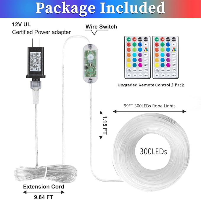 ANJAYLIA 99FT 300 LED Color Changing Rope Lights 18 Colors Outdoor String Lights with Plug &amp Remote Led Rope Lights Outdoor Waterproof Christmas Lights for Bedroom Deck Halloween Decorations