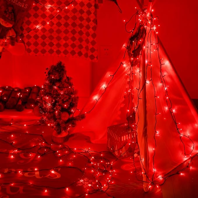 QITONG 500LED Red String Lights 165ft Christmas Lights Outdoor Waterproof with Plug in Green Wire Twinkle Fairy Lights Indoor with 8 Modes