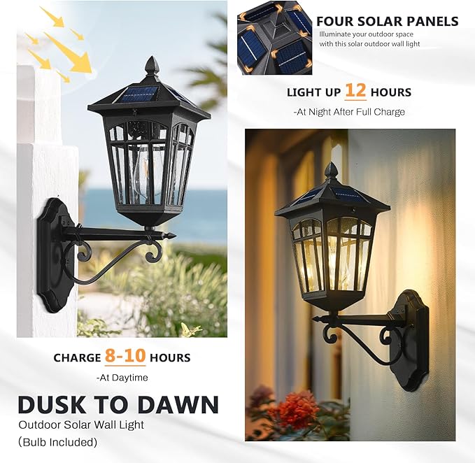 zeyu Outdoor Solar Wall Lantern 20 Inch Exterior Solar Porch Light with Remote Die-Cast Aluminum with Seeded Glass Shade Black Finish ZYX113B SL BK