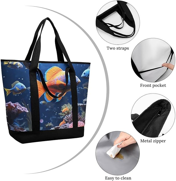 Insulated Shopping BagLarge Reusable Cooler Bags Fishs Printed Foldable Shopping BagTravel Waterproof Shoulder Bag
