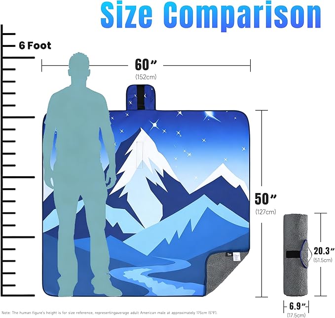 Tirrinia Waterproof Outdoor Blanket Warm Windproof Stadium Blankets with Sherpa Lining Foldable Camping Blanket Emergency Blanket with Mountain Landscape Design for Car Beach Picnic Hiking
