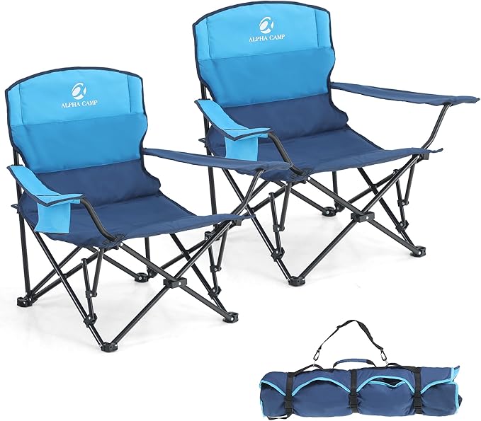 LET'S CAMP 2 Pack Folding Camping Chairs Low Chair Quad Portable with Cup Holder Steel Frame Collapsible 250LBS