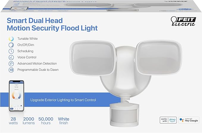 Feit Electric Smart Outdoor Flood Lights with Motion Sensor 28W LED WiFi Security Light with Dusk to Dawn Compatible with Alexa and Hey Google Tunable White 2 Head Hardwired S9DFL/CCT/MOT/WH/AG