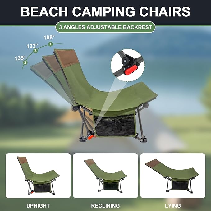 Compact Backpack Camping Chairs 2 Pack with Adjustable Backrest &amp Side Pocket Low Folding Chairs for Adults Portable Reclining Chairs for Outdoor Lawn Hiking