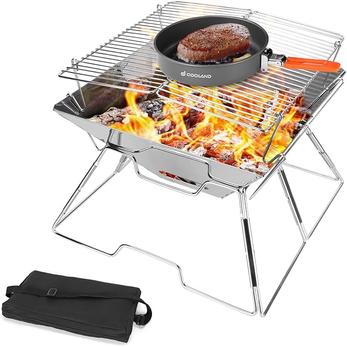 Odoland Folding Campfire Grill 304 Stainless Steel Grate Barbeque Grill Portable Camping Grill with Legs for Picnics Backpacking Outdoor with Carrying Bag and Kitchen Tongs