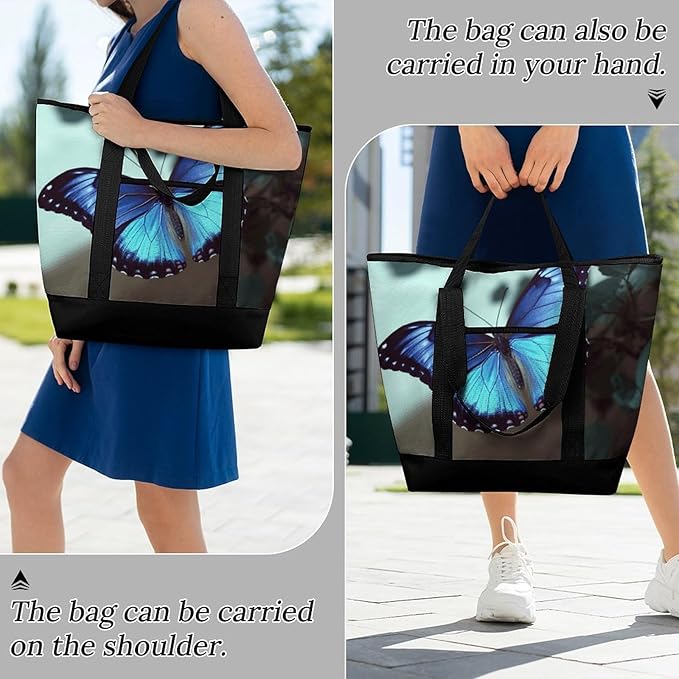 Insulated Shopping BagLarge Reusable Cooler Bags Blue Butterfly Printed Foldable Shopping BagTravel Waterproof Shoulder Bag