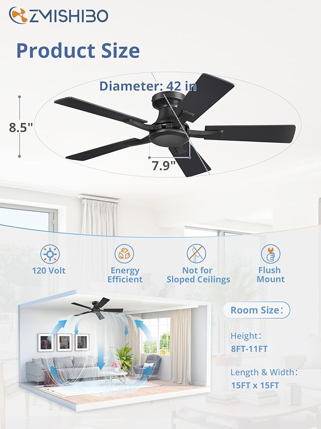 ZMISHIBO 42 Inch Ceiling Fan No Light Flush Mount Low Profile Modern Black Ceiling Fan Without Light Remote Control &amp Quiet DC Motor for Indoor&ampOutdoor Bedroom Living Room