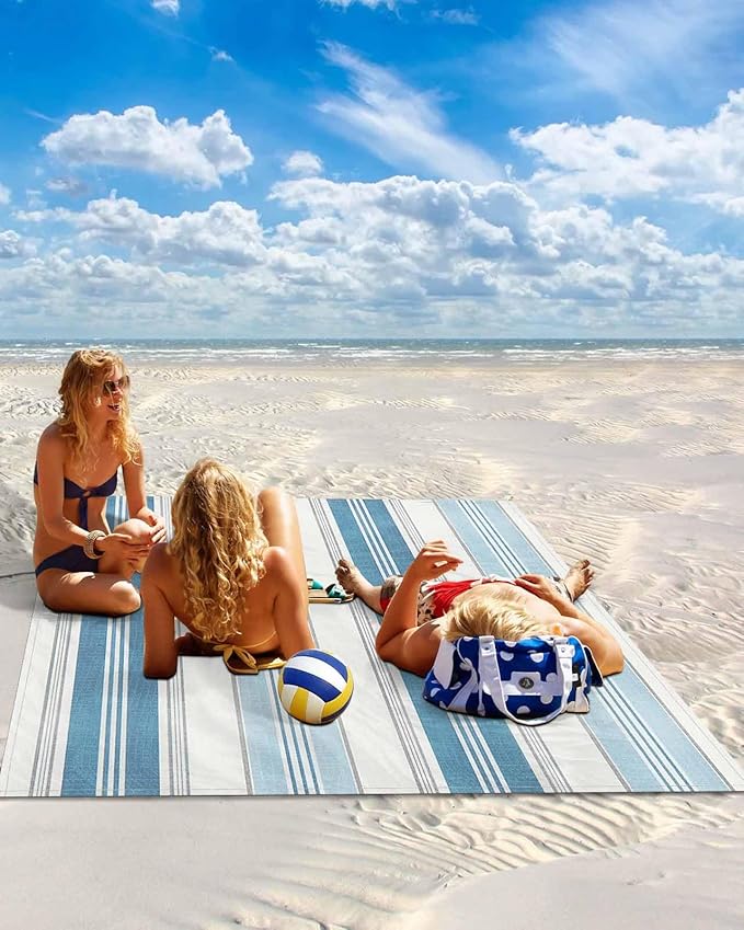 Beach Blanket Waterproof Sandproof OversizedOmbre Blue Gray Stripe Beach Mat with Corner Stakes Sand PocketsWatercolor Vertical Striped Outdoor Picnic Mat for Travel Camping Hiking118x108In