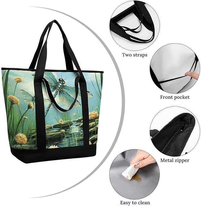 Insulated Shopping BagLarge Reusable Cooler Bags Dragonflies in Flight Printed Foldable Shopping BagTravel Waterproof Shoulder Bag