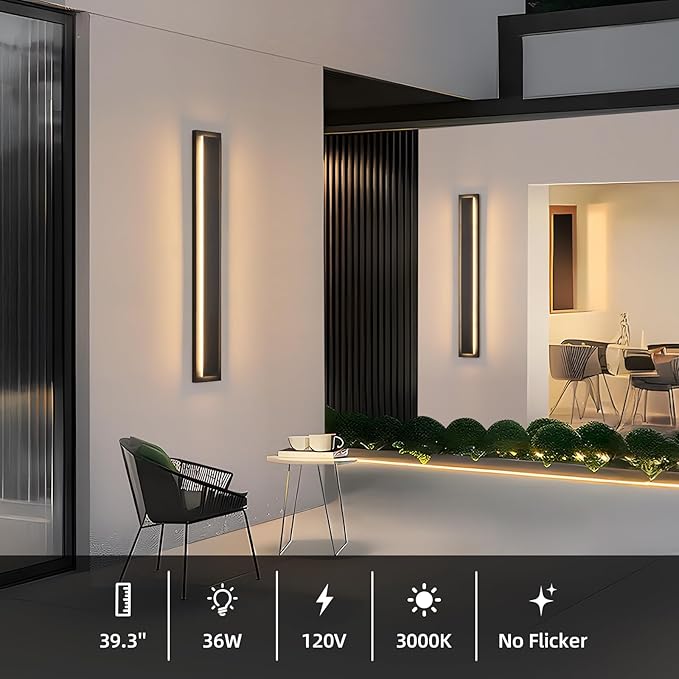 tewei 39.3 Inch Modern Outdoor Wall Sconce Long Black LED Exterior Lighting Fixtures Modern Large Outdoor Front Porch Lights Outside Wall Mount Lights for House Warm White 3000K 2 Pack