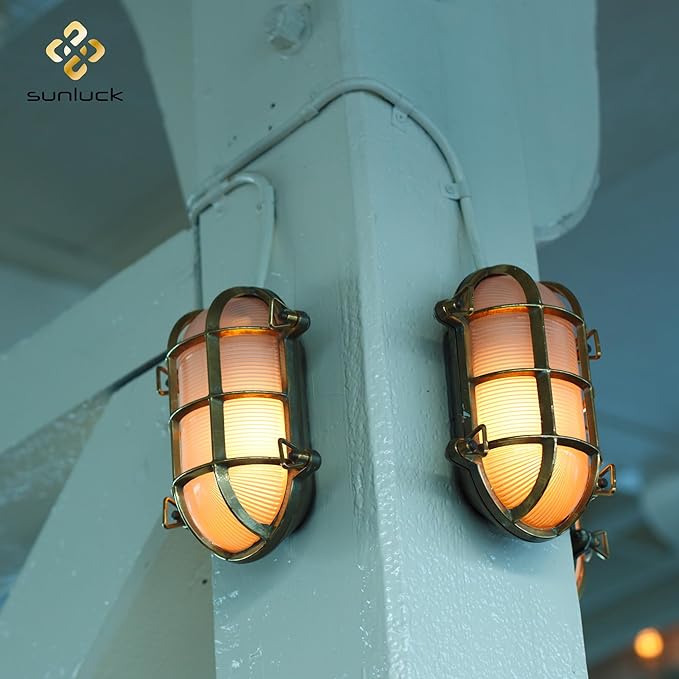 Sunluck Brass Bulkhead LightGrid Oval Nautical Wall LightLampshadeCeiling Mount LightingSauna Light Waterproof IP65Rust Resistantfor Wet Location BathSeasideShipBasementGarage