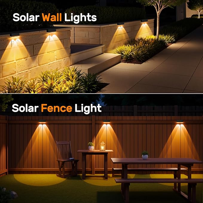 NIORSUN 12 Pack Solar Fence Lights LED Outdoor Lights Warm White + RGB IP45 Waterproof Black