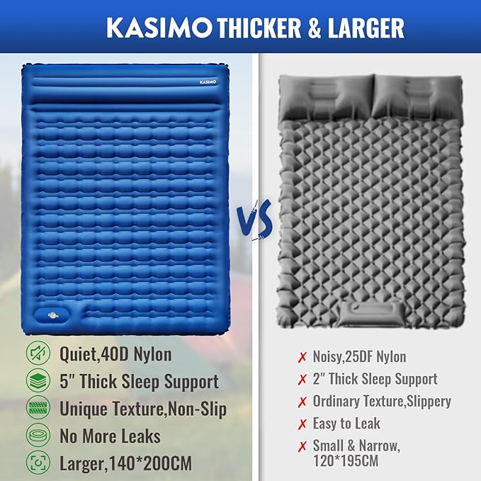 KASIMO Double Sleeping Pad for Camping5 Ultra-Thick 1.4x2M for 2 Person with Pillow Built-in Foot Pump Inflatable Sleeping Mat for Backpacking Hiking Traveling Tent Portable Camping Mat