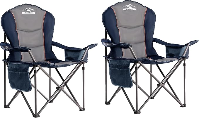 Oversized Camping Chairs with Cooler Bag &amp Cup Holder - Set of 2 Heavy-Duty 500lbs Folding Chairs (Steel Frame Padded Seat Blue &amp Gray)