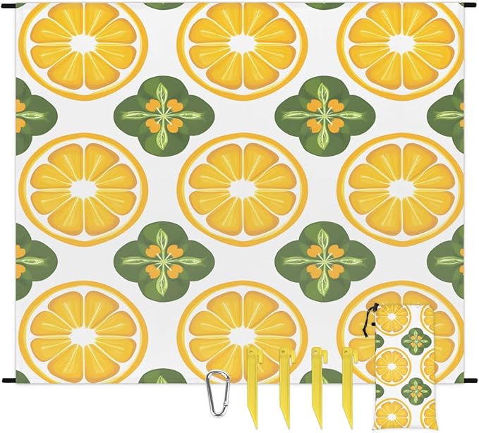 Waterproof Sandproof Beach Blanket 59''×68'' Citrus Slices Polyester Outdoor Picnic Blanket with 4 Stakes &amp Storage Bag for BeachCampingVacation White