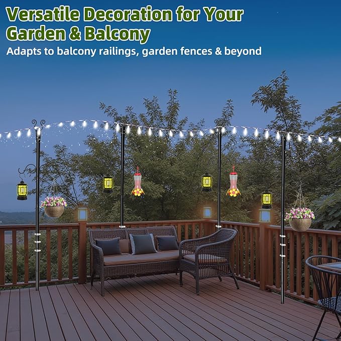 2 Pack Outdoor Patio Light Poles for String Lights 10Ft Heavy Duty Metal String Light Poles with Shepherds Hooks for Hanging Plant &amp Bird Feeder Deck Pole for Outdoor Strings Lights