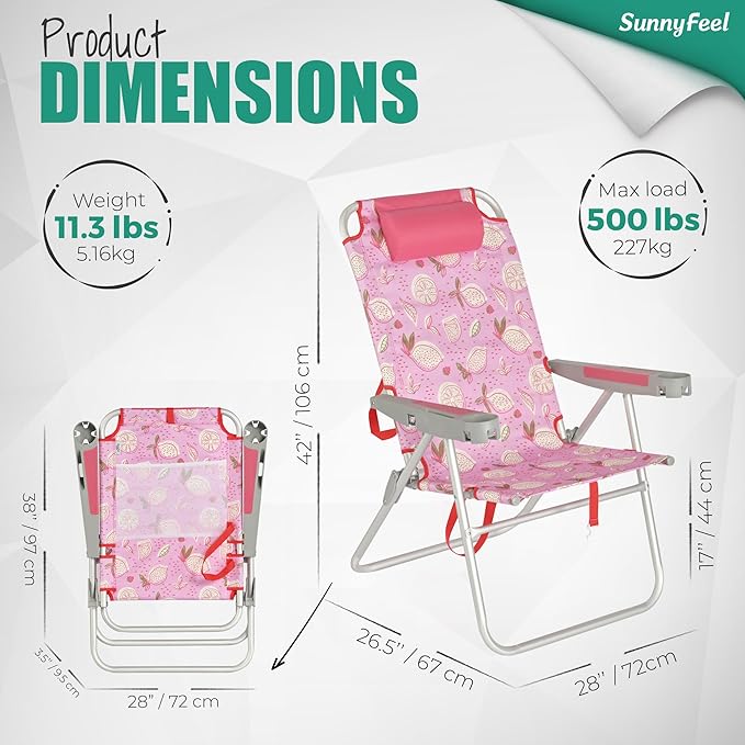 SUNNYFEEL Oversized Tall Folding Beach Chair Lightweight 17 Portable Sand Chair for Adults Heavy Duty 500 LBS with Cup Holders Foldable High Camping Lawn Chairs for Camp/Outdoor/Picnic/Sports