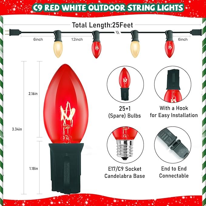 25FT C9 Christmas Outdoor LightsRed and Frosted White Christmas Lights with 26 Bulbs(1 Spare)Commercial Vintage Red White String Light for Tree Yard Garden Porch Party
