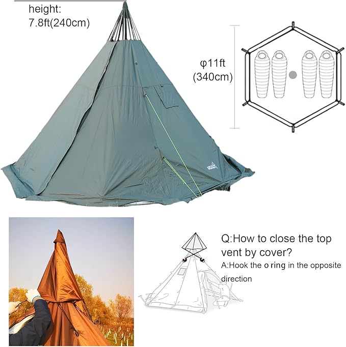 WINTENT 4 Season Waterproof Teepee Tent Yurt with Stove Jack for Adult Camping Hiking Height 7.8FT/240CM