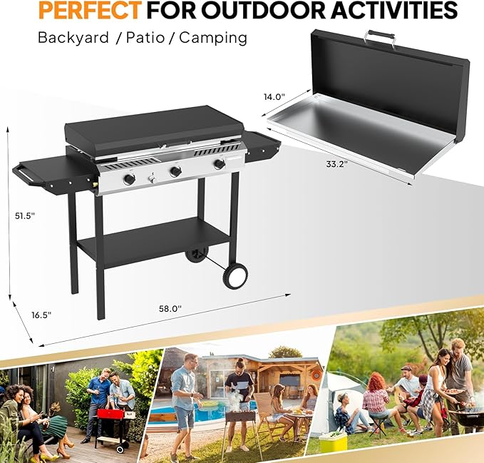 Bonnlo 2-in-1 Propane Stove and Griddle 3 Burner Outdoor Gas Cooker with Iginition Storage Shelf and Portable Wheels 225000BTU Output Camping Stove for Backyard Cooking BBQ Frying and Boiling