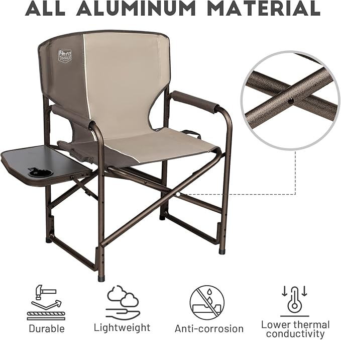 TIMBER RIDGE Lightweight Oversized Camping Chair Aluminum Directors Chair with Side Table for Outdoor Camping Lawn Picnic and Fishing Supports 400lbs Tan 2Pack