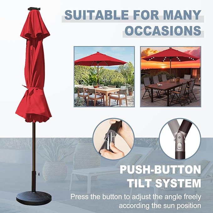 EliteShade USA 10-Year-Non-Fading 10Ft Market Umbrella with 80 LED Lights Patio Umbrella Outdoor Table Umbrella with Ventilation(Red)