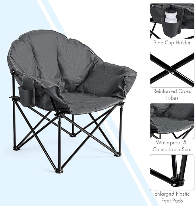 S AFSTAR 2 Packs Oversized Camping Chair Cushion Padded Moon Round Saucer Chair w/Cup Holder &amp Carry Bag Portable Camp Chair Outdoor Folding Chair for Patio Beach Picnic (Grey)