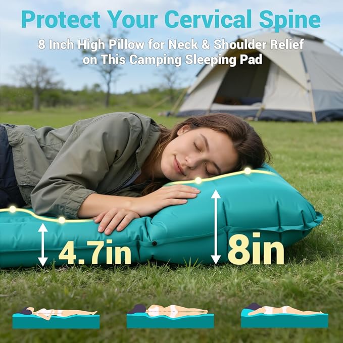 Camping Sleeping Pad 4.7 Inch Thick Inflatable Sleeping Mat with 8 Inch Pillow Built-in Foot Pump Ultralight Compact Self Inflating Sleeping Pad for Backpacking Hiking Travel Tent