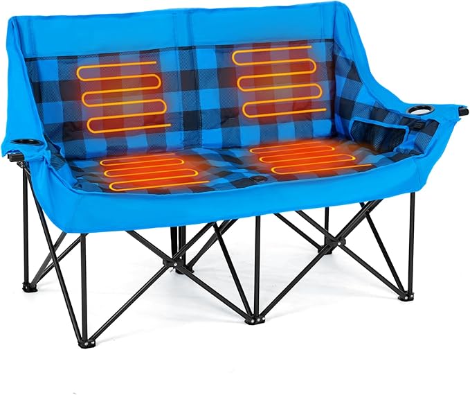 LILYPELLE Heated Double Camping Chair for 2 Person Oversized Padded Folding Loveseat with 3-Levels Heating Portable Camping Couch with Cup Holders &amp Side Pockets Heavy Duty Supports 500lbs