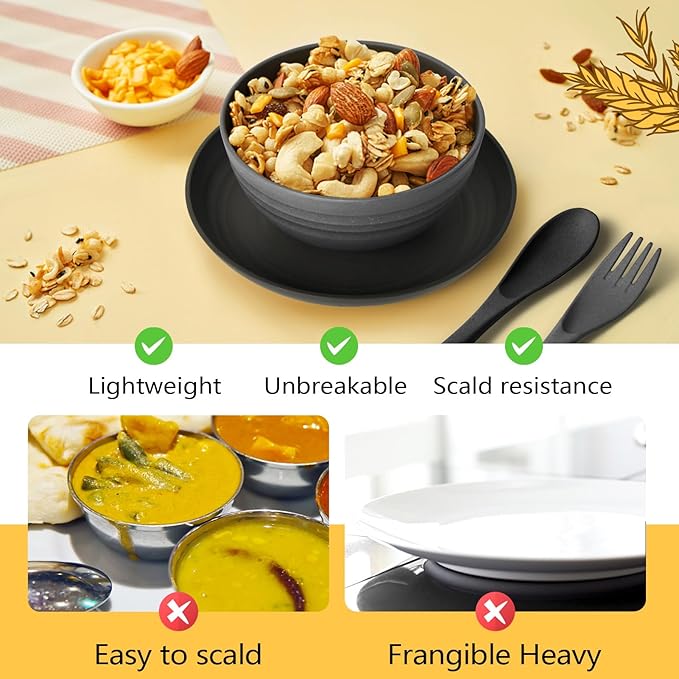 Teivio 32-Piece With Flatware Kitchen Plastic Wheat Straw Dinnerware Set Service for 8 Dinner Plates Dessert Plate Cereal Bowls Cups Unbreakable Plastic Outdoor Camping Dishes Gray Ombre