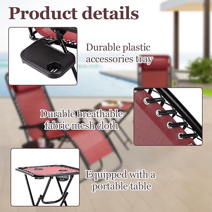 Set of 2 Zero Gravity Reclining Lounge Chairs – Folding Outdoor Chaise Loungers with Cup Holders &amp Side Tables for Patio Lawn Beach Camping Balcony Deck – Adjustable Anti Gravity Chairs Red
