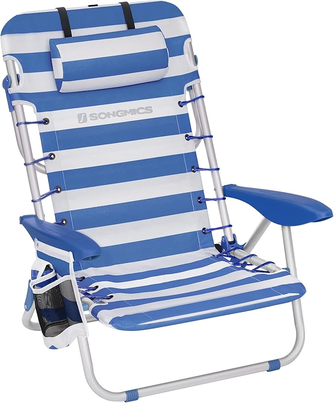 SONGMICS Portable Backpack Beach Chair 331 lb Capacity 4 Angles Adjustable Backrest 2 Side Pockets Towel Bar Blue and White UGCB62BU