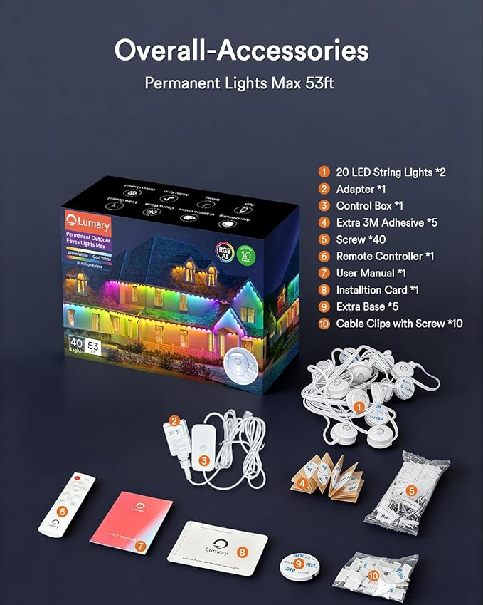 Lumary Permanent Outdoor Lights Max 53ft with 40 LED Eave Lights RGBAICW 2400LM IP67 Waterproof IC Control and Scene Modes for Halloween Christmas Decoration Works with Alexa and Google Assistant