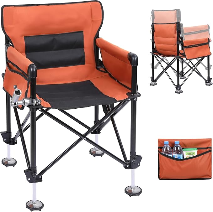 Heavy Duty Folding Fishing Chair 220LBS Load Capacity Portable Compact Camping Chair with 2 Detachable Rod Holders Adjustable Legs Storage Bags &amp Non-Slip Feet for Outdoor Fishing Beach