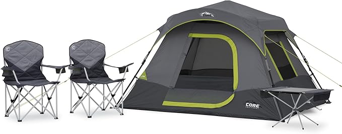CORE 4 Person Instant Cabin Tent Camping Set | Includes 1 Pop Up Tent with 60 Second Setup 1 Outdoor Table &amp 2 Camp Chairs | Perfect for Family Car Camping with Included Carry Bag