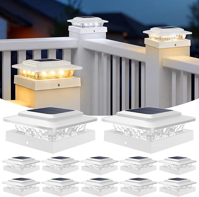 kolpop 4x4 Solar Post Cap Lights Outdoor with 3 Color Temperatures 12 Packs Deck Post Light Solar Powered IP65 Waterproof Fence Deck Lights for 4×4/3.5×3.5 Wood/Vinyl Posts